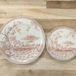 Rust-Pattern Transferware Dinner and Salad Plate Set - Cream and Rust